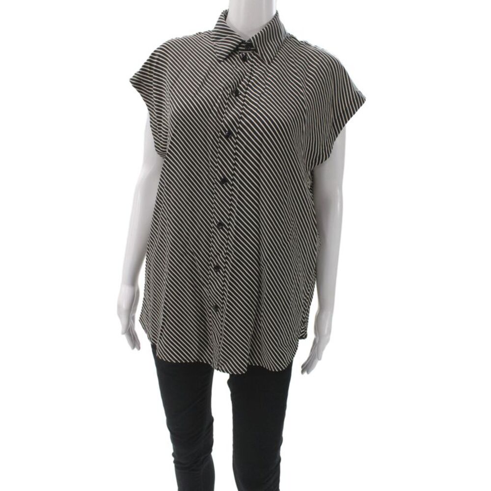 Saint Laurent Women Silk Striped Collared Blouse Black Sleeveless Size L